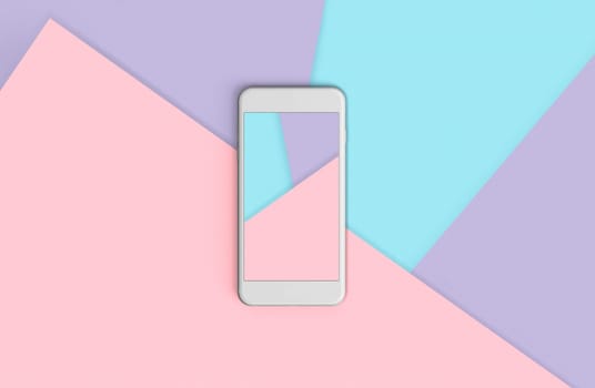 Phone with colorful screen on top view, background in pastel colors. Copy space