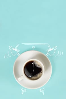 Clock. Cup of fresh espresso with clock sign on blue background. Still life. Mock up. Flat lay. Copy space