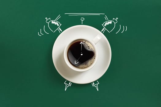 Clock. Cup of fresh espresso with clock sign on green background. Still life. Mock up. Flat lay. Copy space