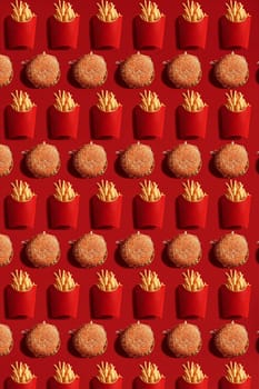 Close Up to French Fries and Burgers, High Calorie Junk Food, Background. Pattern