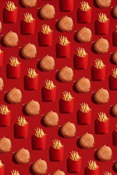 Close Up to French Fries and Burgers, High Calorie Junk Food, Background. Pattern