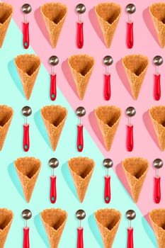 Ice cream cones pattern. Turquoise and pink background. Sweet, summer and empty concept. Top view. Flat lay
