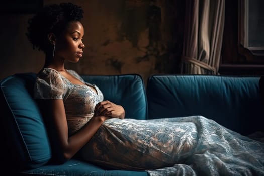 African-American girl in a dress sitting on a couch, holding her belly. Pregnancy concept. Generative AI. High quality illustration