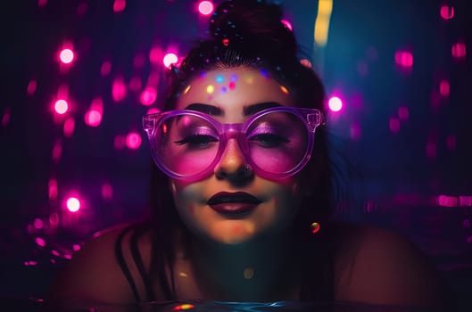 Pretty girl in a pool with colorful lights. Generative AI. High quality illustration