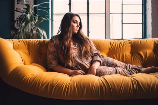A beautiful girl in a dress sits on the couch, with a tummy. The concept of pregnancy. Generative artificial intelligence. High quality illustration