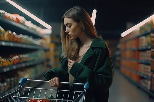 A woman picks out groceries in a store. Generative AI. High quality illustration