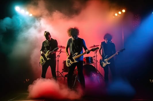 Three musicians on stage playing rock, colorful neon smoke in the background. Generative AI High quality illustration