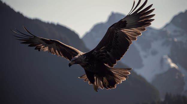 Eagle flying over mountains, huge wingspan. Generative AI.