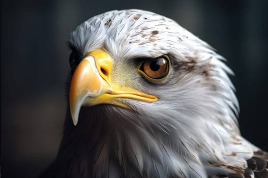 Portrait of a white-headed eagle, white head, yellow beak, looking at the camera. Generative AI.