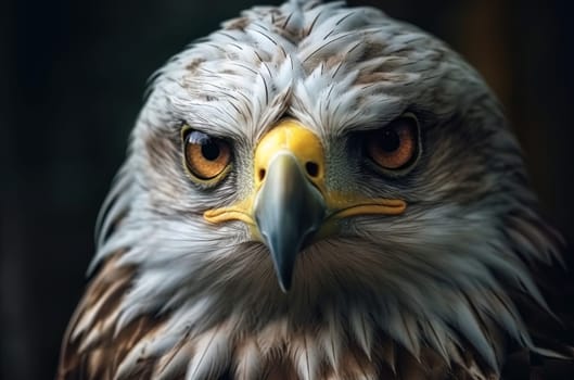 Portrait of a white-headed eagle, white head, yellow beak, looking at the camera. Generative AI.