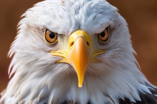 Portrait of a white-headed eagle, white head, yellow beak, looking at the camera. Generative AI.