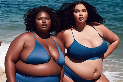 Two fat African-American women in bathing suits on the beach. Generative AI. High quality illustration