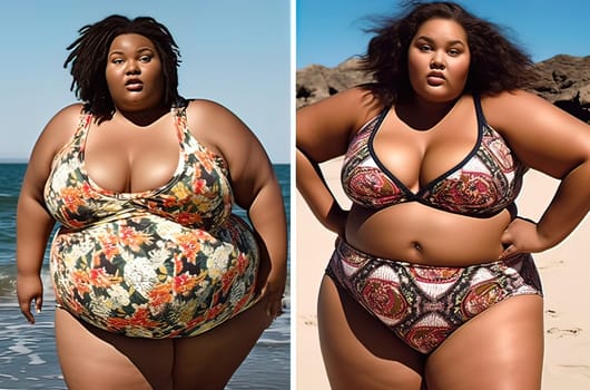 Two fat African-American women in bathing suits on the beach. Generative AI. High quality illustration