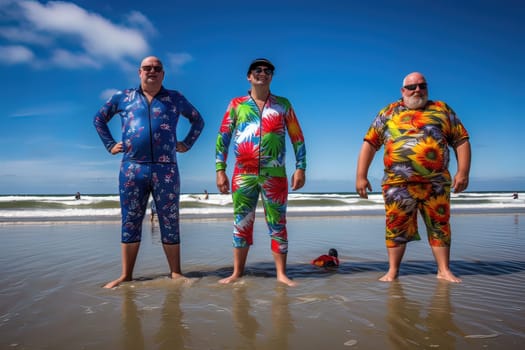 Fat men in beach suits by the sea. Generative AI. High quality illustration