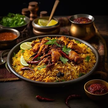 Nasi Biryani, a South Asian Indian dish of spiced rice and meat. High quality illustration