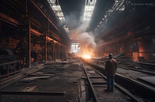 A steelmaker in a helmet at a metallurgical furnace watches hot steel pour out of it. Far plan. Generative AI. High quality illustration