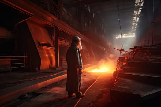 A steelmaker in a helmet at a metallurgical furnace watches hot steel pour out of it. Far plan. Generative AI. High quality illustration