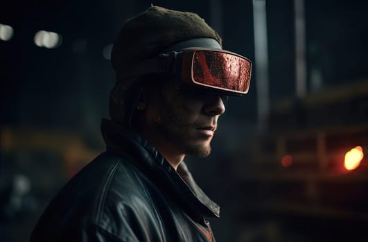 A steelmaker in a helmet at a metallurgical furnace watches hot steel pour out of it. Generative AI. High quality illustration