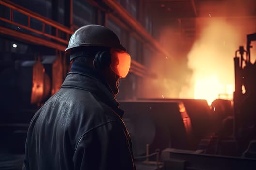 A steelmaker in a helmet at a metallurgical furnace watches hot steel pour out of it. Generative AI. High quality illustration