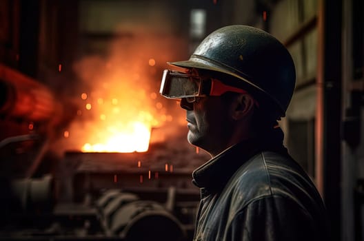A steelmaker in a helmet at a metallurgical furnace watches hot steel pour out of it. Generative AI. High quality illustration