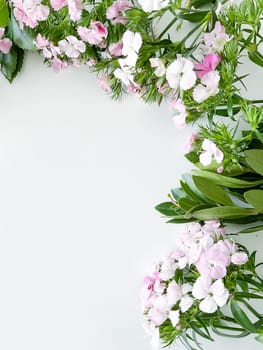 dianthus japonica and laurel leaves. floral frame with empty space for text or inscription. spring postcard