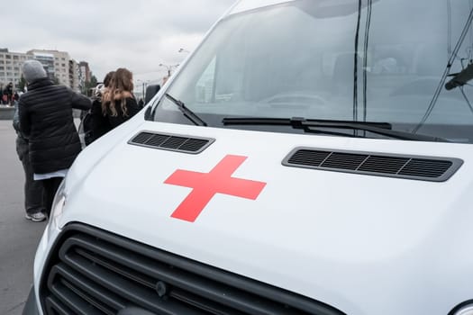 RUSSIA, MOSCOW - april 21, 2022.The ambulance Austrian Red Cross on the teachings of the Ministry of Emergency Situations of russia.