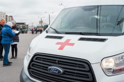 RUSSIA, MOSCOW - april 21, 2022.The ambulance Austrian Red Cross on the teachings of the Ministry of Emergency Situations of russia.