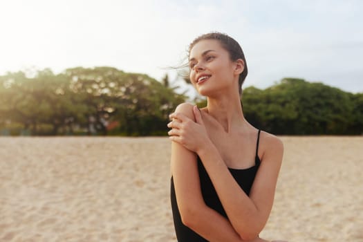 sand woman coast caucasian beach sea sunset walk girl adult beautiful carefree smile summer relax ocean dress vacation free copy-space lifestyle