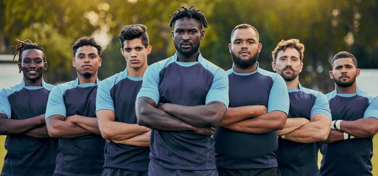Rugby, men and portrait of team with serious expression, confidence and pride in winning game. Fitness, sports and teamwork, proud players ready for match, workout or competition on field at stadium