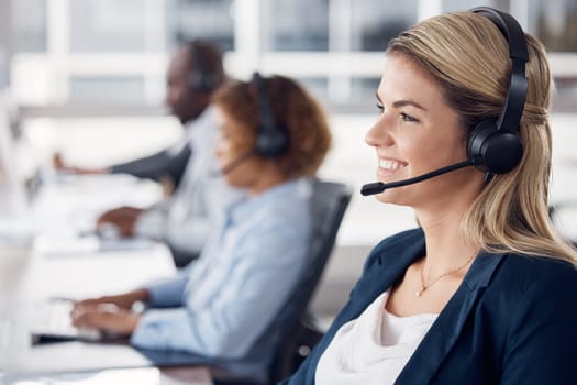 Woman, call center and smile with headset for telemarketing, customer service or support at office desk. Happy and friendly female consultant agent smiling with headphones for online advice or help.