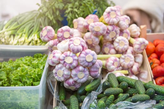 Fresh vegetables on the market. Garlic lies next to other vegetables. Growing season for vegetables sold in the market. Small business. Small business