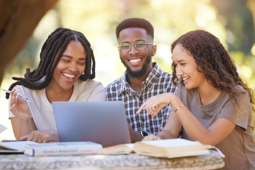 Students, friends and group with laptop laughing at funny meme. Education scholarship, comic portrait and happy people, black man and women with computer laugh at joke, humor or crazy comedy at park