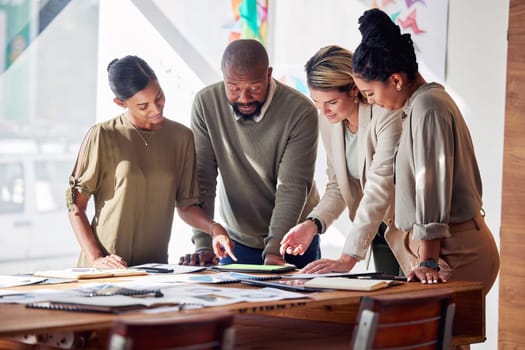 Business people planning, brainstorming and teamwork for startup strategy, digital marketing ideas or data analytics. Diversity group of employees in meeting analysis on tablet tech for project goals.