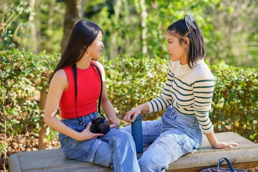 Content young Asian female friends, in casual wear sitting on bench with photo camera and thermos while discussing route during hiking trip in forest of Alhambra