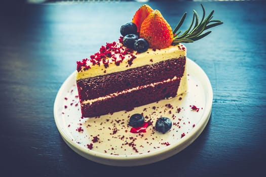 slice of Red velvet cake dessert food in cafe restruarant