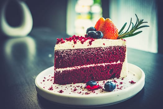 slice of Red velvet cake dessert food in cafe restruarant