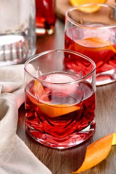 A classic negroni made with equal parts Campari, gin and sweet vermouth and garnished with orange zest. The perfect aperitif before dinner