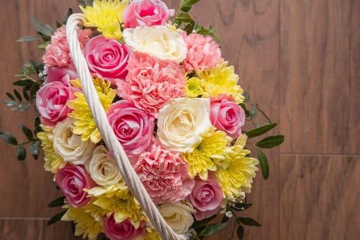 Background of beautiful bouquet of rose and chrysanthemums flowers. Backdrop for holiday, birthday,