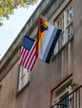 SAVANNAH, USA - DECEMBER 02, 2011: An American flag in the window of a building in Savannah