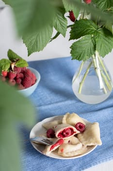 Slavic dish vareniki with fresh raspberries, Still life on a blue background with a bouquet of fresh raspberries on a branch. High quality photo