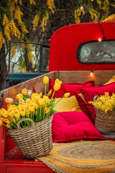 Wicker basket with beautiful flowers. Tulips, mimosas. A bright red truck brought a lot of flowers.  Floral background.