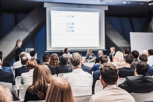 Round table discussion at business convention and Presentation. Audience at the conference hall. Business and entrepreneurship symposium.