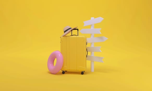 Yellow sun background with Arrow signpost, suitcase, hat and float. 3d rendering.
