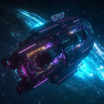 Take a journey into the unknown with this image of a futuristic spacecraft traveling through a neon-lit nebula. Against the dark, starry sky, the spacecraft's sleek design is highlighted by bright neon lights that glow along its edges and in its engines, creating a mesmerizing and unforgettable sight.
