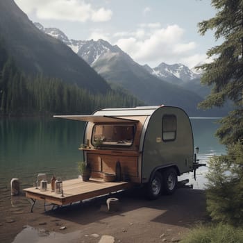 This gorgeous image features a camper trailer parked on the edge of a serene mountain lake, surrounded by a dense forest and snow-capped peaks visible in the background. The trailer's large windows provide stunning views of the lake and the surrounding natural beauty, bringing the tranquility of the outdoors inside. Outside the trailer, a small dock extends from the shore, offering a spot to launch a paddleboard or canoe and explore the calm waters of the lake. A small picnic table and chairs are set up outside the trailer, providing a comfortable and scenic spot to enjoy a meal with family and friends while taking in the stunning views.