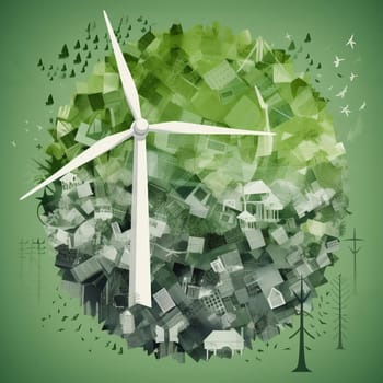 This image features a paper cutout of a wind turbine rendered in shades of green and gray, surrounded by a variety of other renewable energy cutouts arranged in a flowing, organic pattern. The overall effect is visually striking and informative, emphasizing the importance of reducing our reliance on fossil fuels and promoting sustainable energy practices.