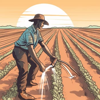 This image depicts a farmer using drip irrigation to water crops in a drought-prone region. It highlights the importance of efficient irrigation methods in conserving water resources and promoting sustainable agriculture. Agriculture is a major user of water resources, and unsustainable irrigation practices have led to the depletion of groundwater and surface water sources. However, by adopting efficient irrigation methods, such as drip irrigation, farmers can save significant amounts of water while maintaining crop yields and quality. This image represents the potential for sustainable agriculture practices that prioritize water conservation and environmental stewardship.