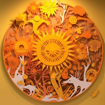 This image features a paper cutout of the sun rendered in shades of yellow and orange, surrounded by a variety of other celestial cutouts arranged in a flowing, organic pattern. The overall effect is visually striking and informative, highlighting the importance of solar energy and reducing our reliance on fossil fuels.
