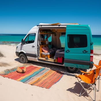 Escape to the beach with this image of a converted sprinter van parked on a sandy beach, with a calm ocean and a palm tree visible in the background. The van's interior is bright and colorful, creating a fun and playful atmosphere. Relax on the comfortable bed or cook up a meal in the small but functional kitchen. A set of beach chairs and an umbrella are set up outside the van, inviting you to sit back and enjoy the sun and the sound of the waves. This is the perfect location for anyone seeking a fun and relaxing beach getaway.