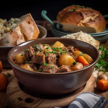 Capture the essence of Irish comfort food with this close-up shot of Irish Stew, a hearty lamb or mutton stew. The dish features tender pieces of meat, slow-cooked with potatoes, carrots, onions, and herbs, in a savory beef broth. Served with a side of freshly baked soda bread, this dish is perfect for a cozy and comforting mood. The warm, diffused lighting and soft colors of the pub scene enhance the inviting atmosphere.